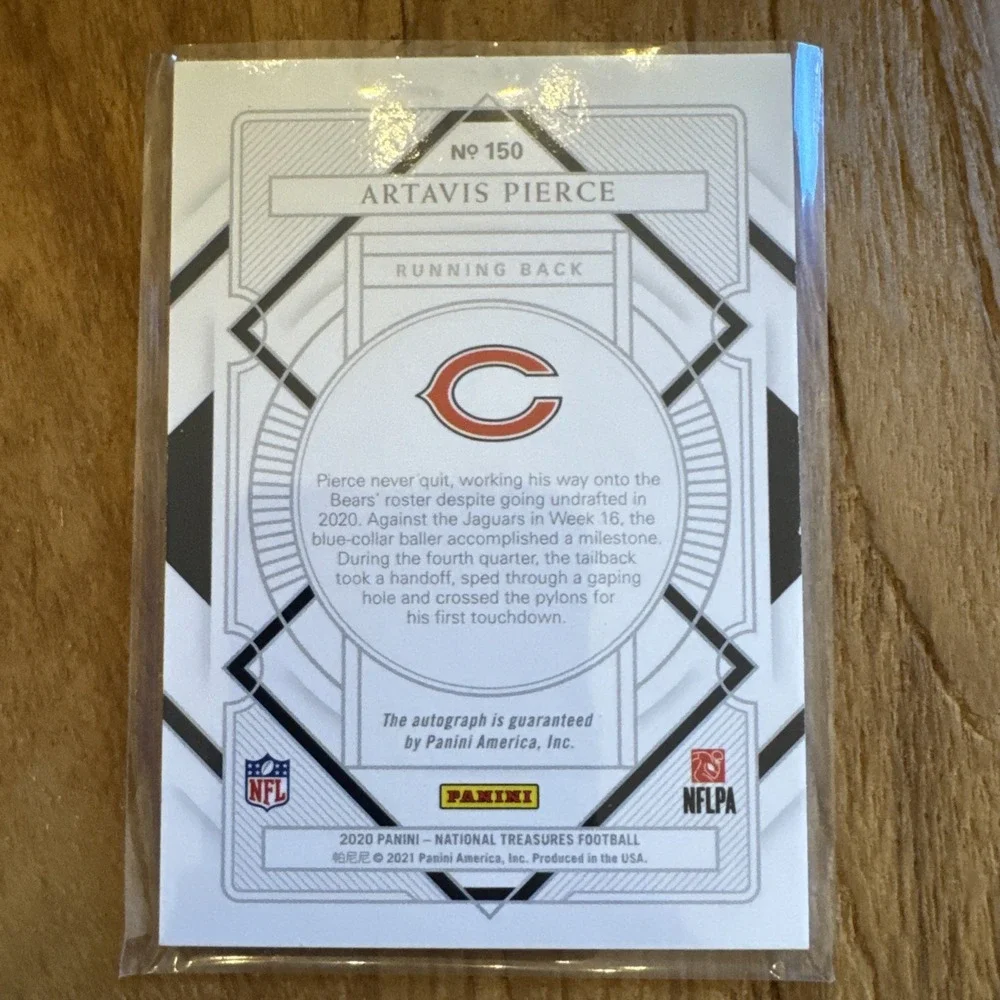 2020 National Treasures Artavis Pierce Rookie Auto /99 #150 Chicago Bears RC SP